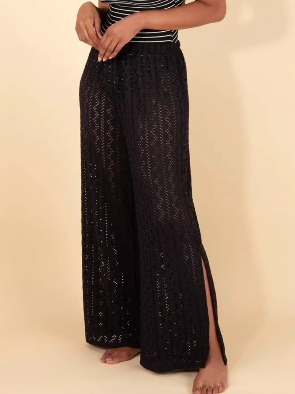 NEW Lands' End Women's Crochet Side Slit Cover Up Pants - Black - S